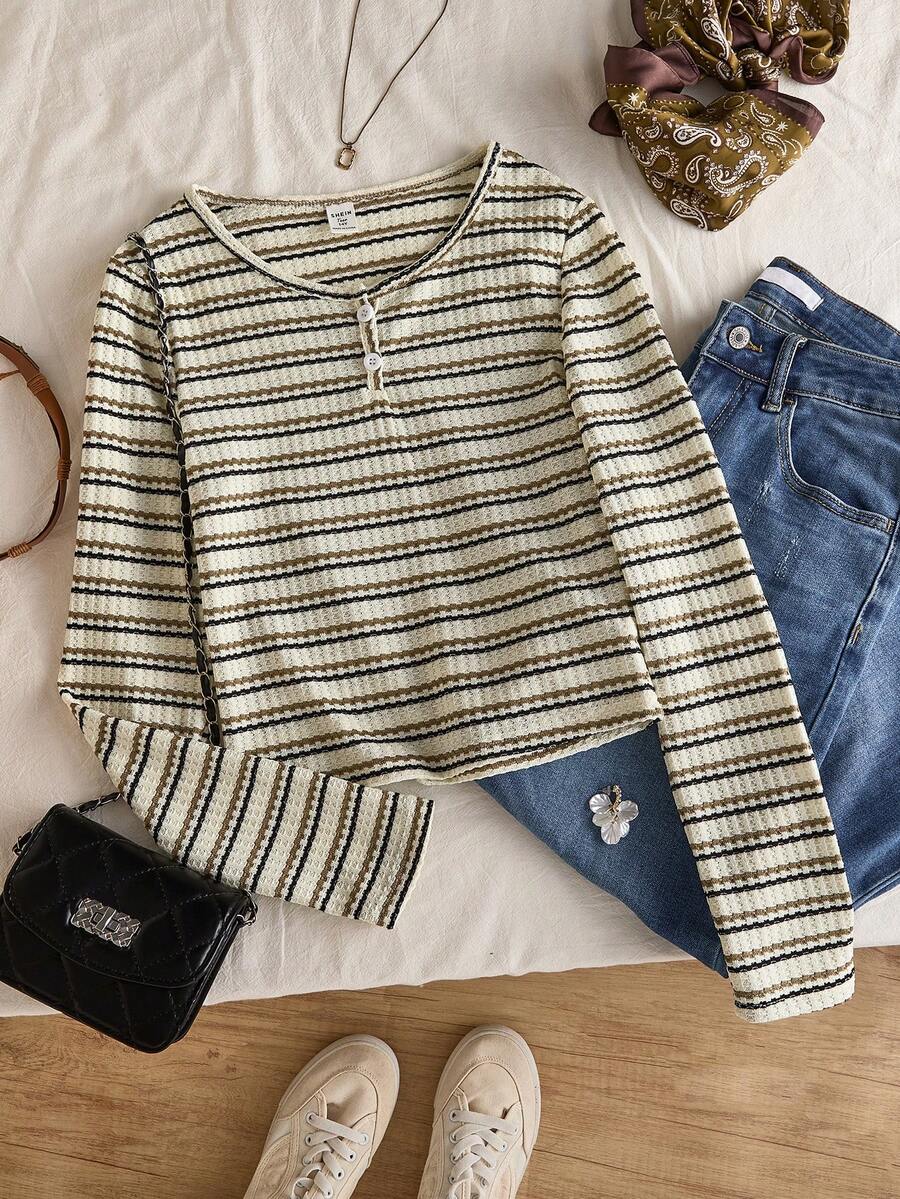 1件少女休闲百搭长袖衬衫，条纹面料，V领纽扣半开襟设计，适合日常外出、旅行和通勤，春夏款 - 彩色 - 查看 1