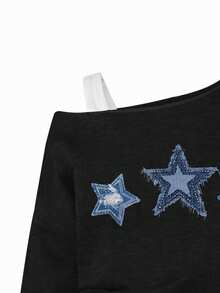 SHEIN Tween Girls' Asymmetric Neck Graphic Sweatshirt - Black - View 4