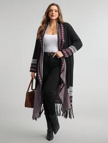 Comfylo كارديجان طويل للنساء بأكمام طويلة وهامش مزين بالشراريب، كارديجان فضفاض وكاجوال للنساء ذوات الحجم الكبير، ملابس خريفية للنساء - الأسود - مشاهدة 3