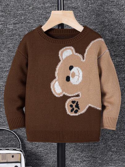 SHEIN Young Boys Bear Pattern Long Sleeve Pullover Sweater, Autumn/Winter