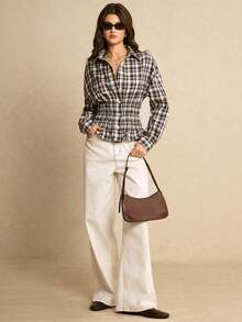 Poéselle 格子休闲日常前扣收腰长袖女式衬衫 - 彩色 - 查看 2
