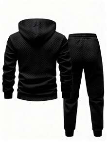 Manfinity Homme بدلة رياضية كاجوال للرجال، تتكون من هوديي + بنطلون بحبل شد، من قماش جاكار ذو نسيج ماسي، تصميم بتفاصيل ملصق، مناسبة للاستخدام اليومي والتنقل، للخريف/الشتاء