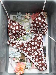 Swim Mod 双面印花两件式比基尼套装，花卉波点图案，系带泳裤，性感挂脖泳衣，适合海滩、泳池、生日派对等场合。 - 彩色 - 查看 3