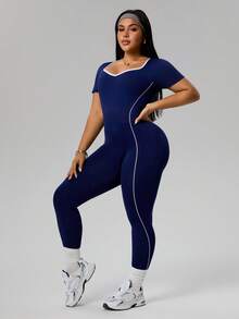 SHEIN Sports 大码女士无缝露背连体裤，瑜伽健身紧身裤 - 藏蓝色 - 查看 1