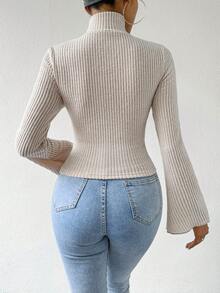 Lumivelle Autumn Fashion Solid Color Stand Collar Criss-Cross Hollow Out Flare Sleeve T-Shirt - Apricot - View 2