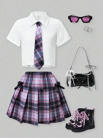 SHEIN ChillGRL 2 件套青少年女孩休闲甜美宽松领衬衫配领带和格子图案百褶裙衣服，适合日常、通勤、休闲、度假和与朋友聚会，春夏季服装，适合返校