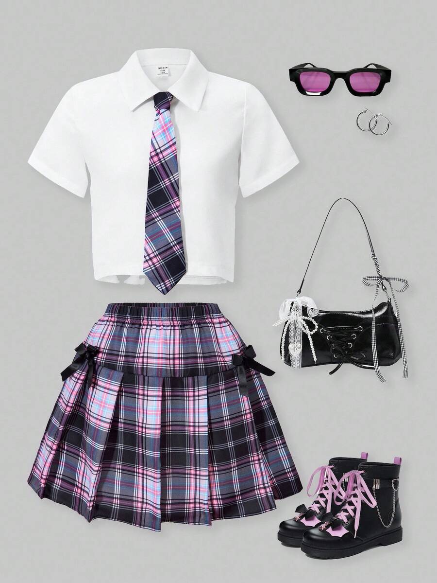 SHEIN ChillGRL Set de 2 piezas: Camisa suelta de cuello con corbata y falda plisada con estampado a cuadros, estilo casual y dulce para niña preadolescente. Adecuado para uso diario, ir al trabajo, ocio, vacaciones y reuniones con amigos. Conjunto de primavera/verano, ideal para volver al colegio. - Morado - Ver 1