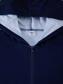 SHEIN ChillGRL 2 件套 Streecool 儿童和青少年拉链连帽印花夹克运动衫 + 直筒蝴蝶和条纹印花裤，休闲街头时尚装，适合春秋季日常、通勤、运动、返校 - 藏蓝色 - 查看 6