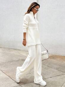 EURMUSE Elegant Cable Knit Sweater With Zipper & Sweater Pants Co-Ords - White - View 5