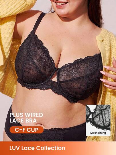 LUVLETTE Sujetador minimalista negro transparente con detalles de encaje y malla, con cobertura completa, transpirable y sin forro, para lencería y ropa de descanso de novia con curvas