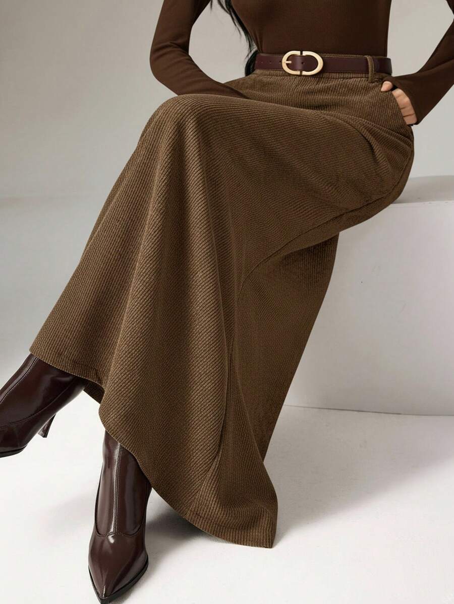 Heiryn Plus Size Women Solid Color Casual Commuter Skirt - Brown - View 1