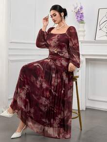 Modelyn Plus Size Elegant Floral Print Dress For Party Vacation Dresses - Burgundy - View 6