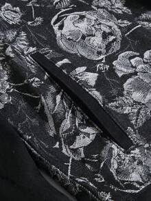 Chillumni Men's Black Autumn/Winter Washed  Loose Fit Jacquard Print Patchwork Black Rose Graphic Denim Jacket - Black - View 6