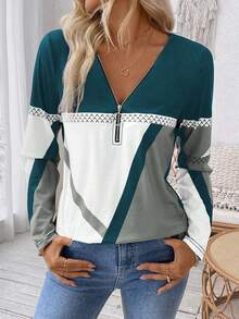 EMERY ROSE Áo thun nữ tay dài thường ngày thu/đông có cổ khóa kéo nửa, họa tiết hình học - Nhiều màu - Xem 4