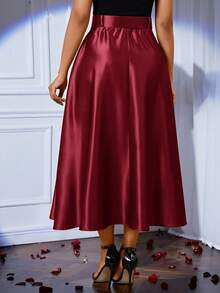 SHEIN Lady Women's Fashion Casual Solid Color Waist Belt Long Skirt,Fall,Fall Clothes For Women,Women's Winter Clothes - Red - View 2