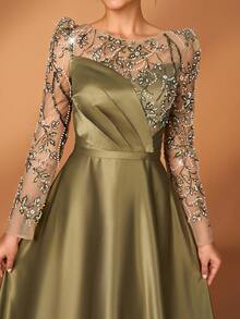 Serin 优雅奢华的珍珠串珠花卉亮片刺绣泡泡袖缎面褶皱A字连衣裙，适合婚礼、派对、度假、舞会、新娘母亲晚礼服 - 軍綠色 - 查看 8