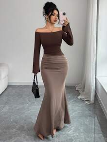 Elenzga 女士优雅露肩褶皱修身鱼尾连衣裙 - 棕色 - 查看 3
