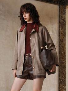 Arave Jaqueta Retrô de Gola Xadrez, Retalhos, Contraste de Cores, Design Elegante e Versátil para Uso Diário - Vinho - Visão 4