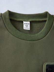 SHEIN Vacaura Bộ 2 món áo hoodie nỉ dáng rộng màu trơn hở vai phong cách đường phố giản dị cho bé trai tuổi mới lớn và quần túi hộp, mùa thu/đông - xanh quân đội - Xem 9