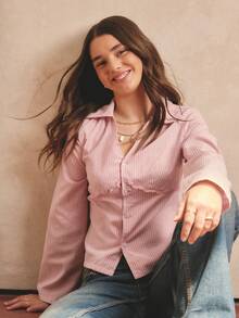 Women's Striped Shirt With Unique V-Neck Design, Front Lace Patchwork, Fitted Cut, Suitable For School, Dates, Autumn/Winter - Pink - View 7