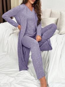 SHEIN 女士长袖上衣和裤子家居服套装，冬季服装 - 紫色 - 查看 4