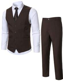 Manfinity Mode 男士条纹西装背心 - 棕色 - 查看 3