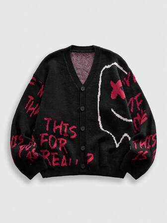 Street Life كنزة صوفية كارديجان رجالية بلون متباين على طراز الغرافيتي الأسود