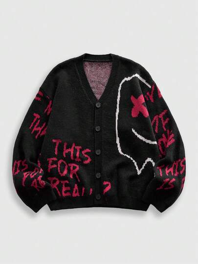 Street Life Men's Contrast Color Graffiti Style Black Cardigan Sweater