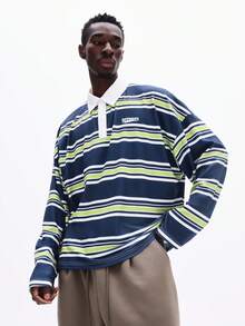 SUMWON Men's Long Sleeve Rugby Polo Shirt With Multi Stripe Pattern And White Collar Casual Preppy Style Top - Multicolor - View 3