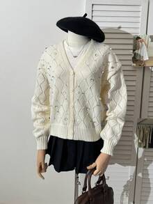 Muvela Cardigan tricoté élégant orné de diamants pour femmes, chaud et confortable, style vintage chic, convient pour Noël, rassemblement de sœurs, thé de l'après-midi, fête d'anniversaire, article élégant et doux pour l'automne/l'hiver, rendez-vous de la Saint-Valentin - Blanc - Voir 5