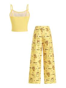 TOM & JERRY X SHEIN Women's Cute Cartoon Letter Print Cami Top And Elastic Waist Wide Leg Pants Pajama Set, Summer - Yellow - View 2