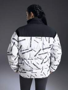 Powerista Women's Thermal Lined Letter Patchwork Sports Jacket, Autumn/Winter - Black and White - View 2