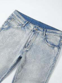 ROMWE MEN Street Life Men's Pleated Floral Rhinestone Embellished Flared Jeans - Blue - View 4