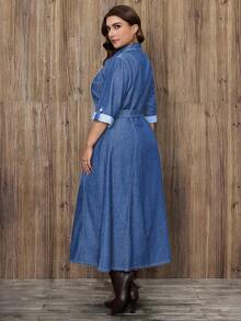 EMERY ROSE Plus Size Women Elegant Belted Denim Dress - Light Wash - View 2