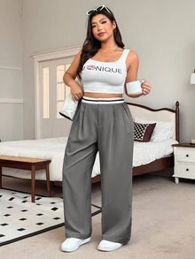SHEIN EZwear Plus Size Summer Color Block Pocket Casual Wide Leg Pant Graduation,Back To School,Teacher In Fall/Winter - Grey - View 7