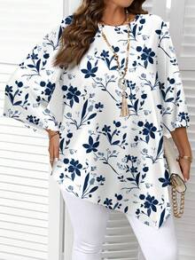 EMERY ROSE 大码女式休闲度假风印花喇叭袖不对称下摆宽松衬衫，春秋季 - 彩色 - 查看 5