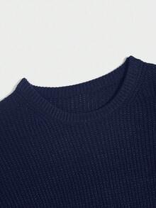 SHEIN 青少年男童纯色圆领针织毛衣，休闲百搭套头衫，适合通勤、上学、日常休闲、旅行、户外活动、大学派对、秋冬季穿着。 - 藏蓝色 - 查看 5