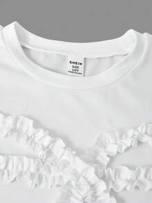 SHEIN ChillGRL Spring & Summer Teen Girls " ME" Sweet Cute Design Ruffle Bow Round Neck Short T-Shirt Paired With Contrast Color Block Striped Wide Leg Pants 2 Pieces Set, Suitable For Daily, Commuting, Hangout With Friends, Holiday Outfit Summer Holiday - Blue and White - View 5