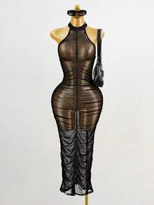 BamGleam Gaun Halter Neck Tanpa Punggung Berbahan Jala Transparan yang Modis dan Seksi - Hitam - View 5