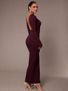 Silquee Women's Basic Slip Dress, Sexy Open Back, Waist Ruched, Skin-Friendly, Long Sleeve, Floor-Length - Maroon - View 7