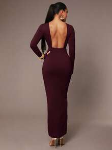 Silquee Women's Basic Slip Dress, Sexy Open Back, Waist Ruched, Skin-Friendly, Long Sleeve, Floor-Length - Maroon - View 8