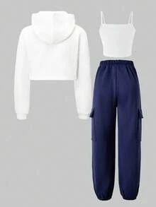 SHEIN ChillGRL 3pcs/Set Teen Girls Casual Thermal Lined Knit Sweatshirt, Camisole, And Cargo Pants With Letter Print, Autumn/Winter Fall - Navy Blue - View 2