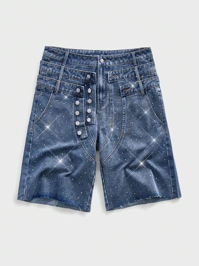 ROMWE MEN Street Life Pantalones cortos vaqueros con cinturón de 3 capas con diamantes brillantes para hombre