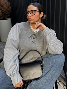 Dazy Plus 大码女式条纹拼接长袖Polo领休闲毛衣 - 灰色 - 查看 1