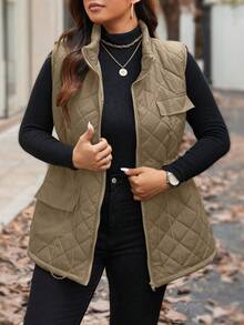 Calvaya Plus Size Women Drawstring Waist Cargo Pocket Casual Quilted Vest Jacket, Winter Clothes Fall Clothes, For Christmas - Mocha Brown - View 5