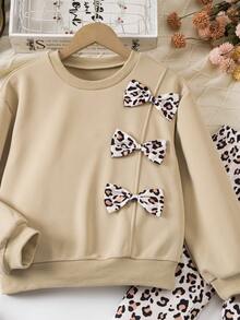 2pcs/Set Tween Girls Casual Leopard Print 3D Bow Decor Long Sleeve Thick Sweatshirt And Flared Pants Set, For Home & School - Apricot - View 4
