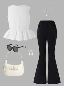 女童3D蝴蝶结无袖上衣和锥形裤两件套，春夏优雅休闲装 - 黑色 - 查看 4