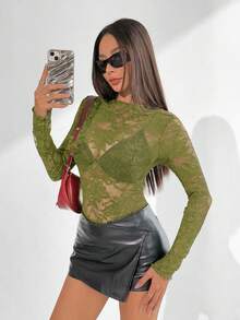 EgrlEra Women's Lace Elastic Peony Floral Sheer Sexy Blouse (Random Cut) - Olive Green - View 4