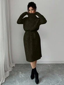 SHEIN Elenzya 女士纯色系带口袋优雅毛衣连衣裙 - 軍綠色 - 查看 4