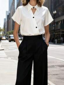 Balvessa Women's Elegant Commuter Hollow Out Collar Short Sleeve Blouse, Summer - Apricot - View 1